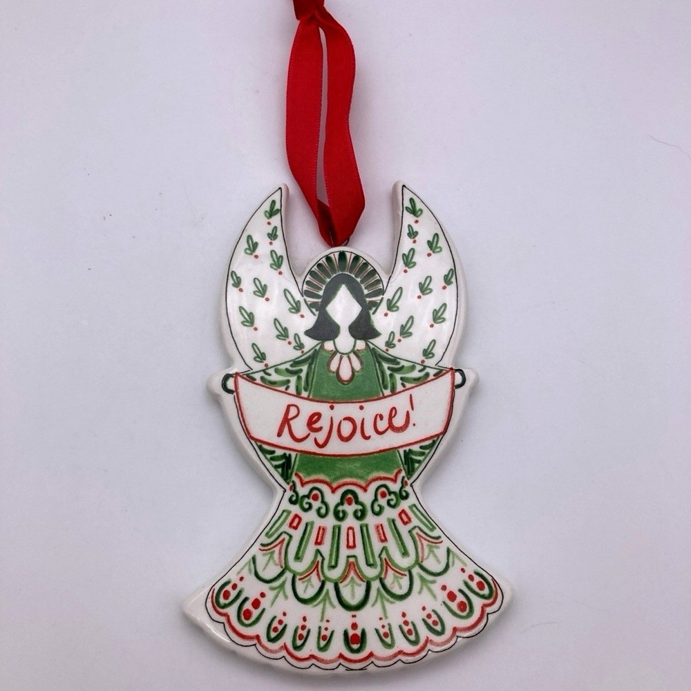 Candice Boatright Red Green Ceramic REJOICE ANGEL Christmas Ornament NWT New